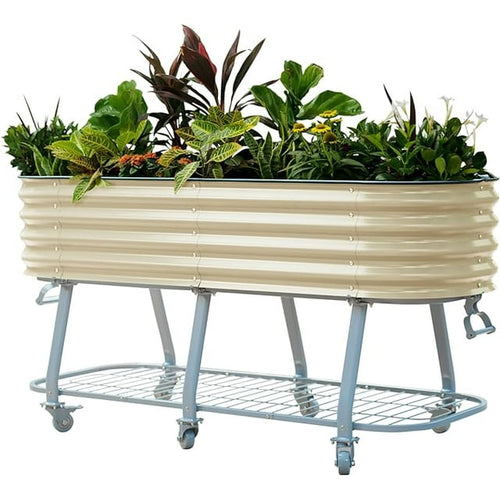 Vego Garden 2 x 6 ft Elevated Self-Watering Rolling Planter Raised Garden Bed Kits-Pearl White