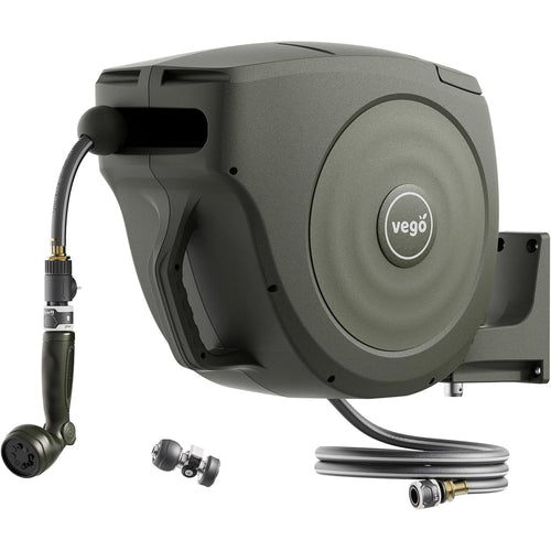 Vego Garden Hose Reel Retractable Hi-Flow 50ft Wall Mounted Automatic Rewind, Any Length Lock with 9 Patterns Sprayer Nozzle, Quick Connector and Adjustable shot Nozzle-Seaweed Green