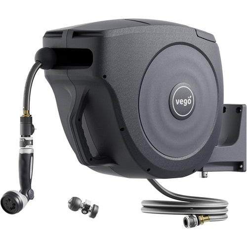 Vego Garden Hose Reel Retractable Hi-Flow 50ft Wall Mounted Automatic Rewind, Any Length Lock with 9 Patterns Sprayer Nozzle, Quick Connector and Adjustable shot Nozzle-Tidepool Blue