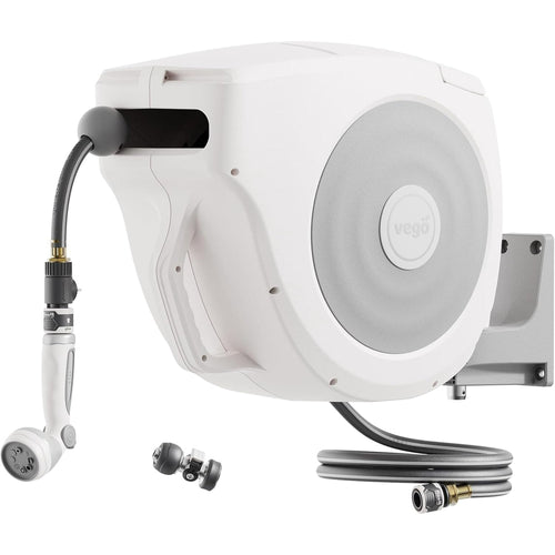 Vego Garden Hose Reel Retractable Hi-Flow 50ft Wall Mounted Automatic Rewind, Any Length Lock with 9 Patterns Sprayer Nozzle, Quick Connector and Adjustable shot Nozzle-Cloud White
